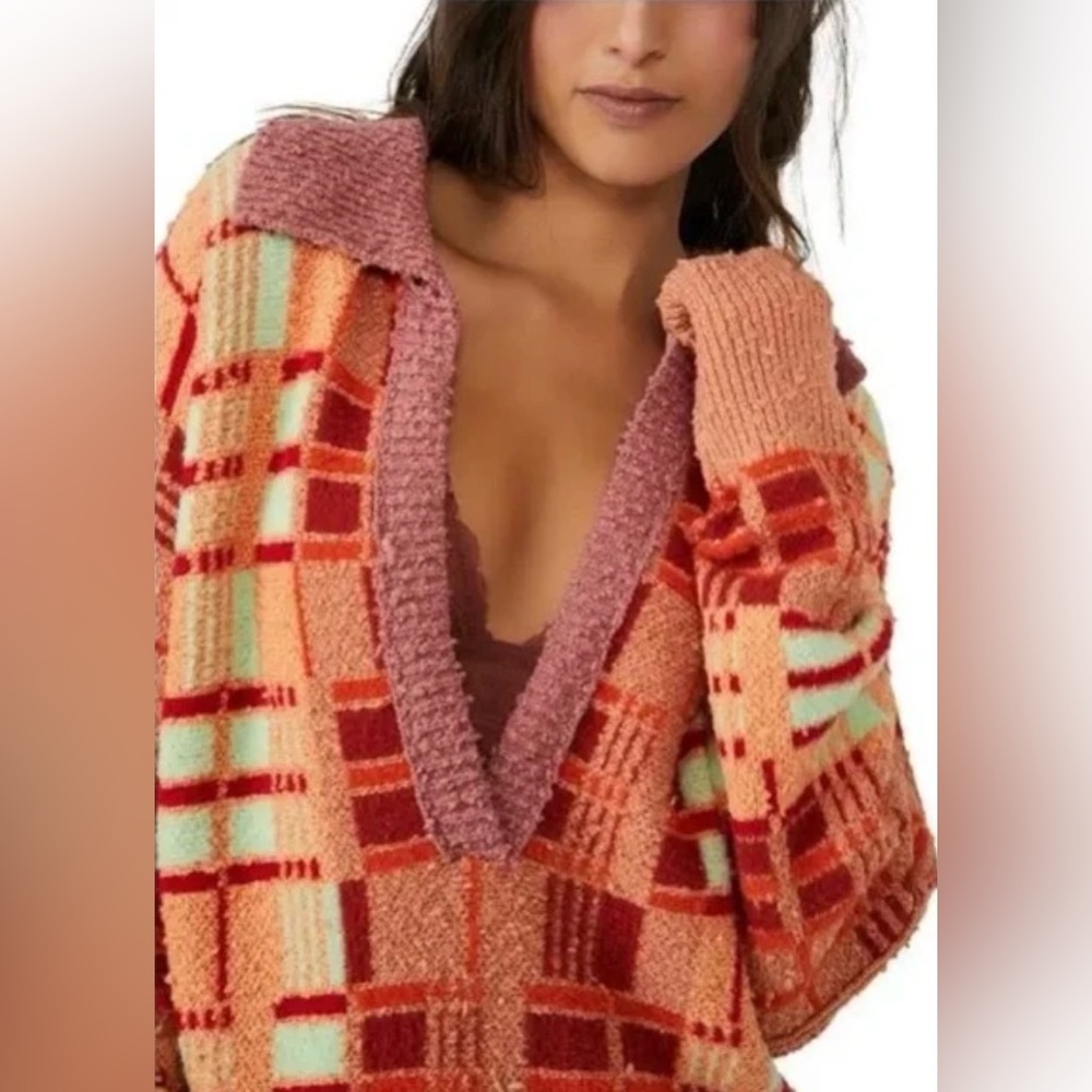Free People Ruben Pullover Sweater Orange Plaid Oversized Boho Size M - Picture 2 of 10